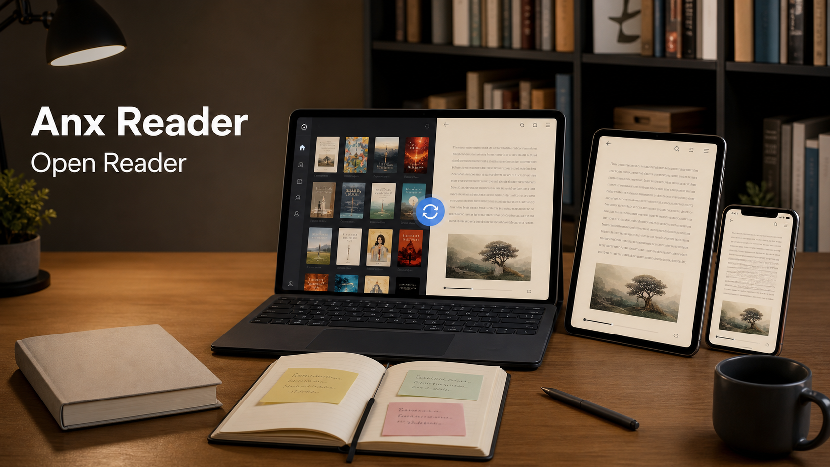 Anx Reader 跨平台书架与阅读界面示意图