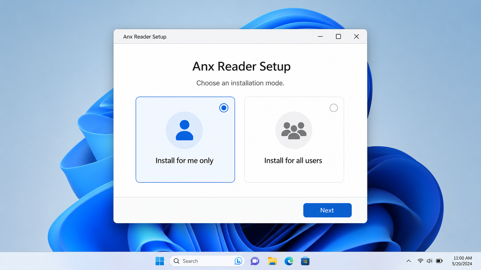 Anx Reader Windows 安装模式选择示意图
