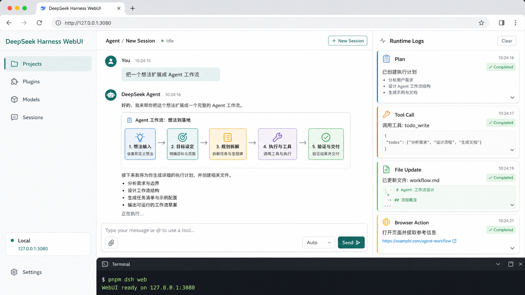 DeepSeek Harness WebUI 本地 3080 启动界面示意图