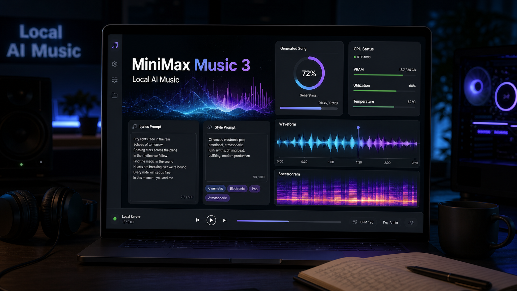 MiniMax Music 3 本地 AI 音乐生成界面示意图