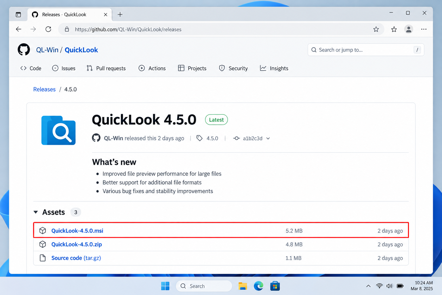 QuickLook Releases 页面中的 MSI 安装包